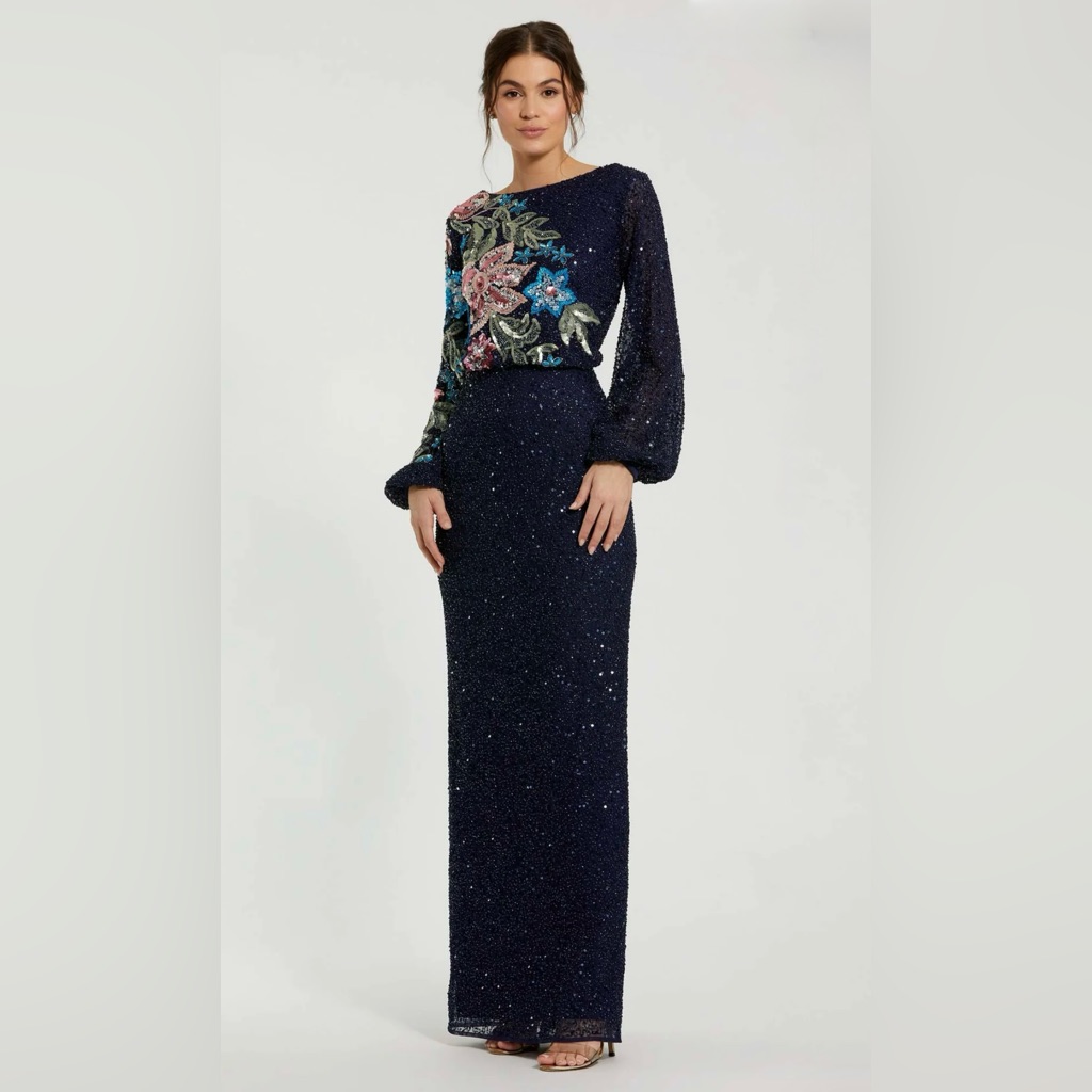 Mac Duggal Navy Embellished Multi Color Floral High Neck Gown 4